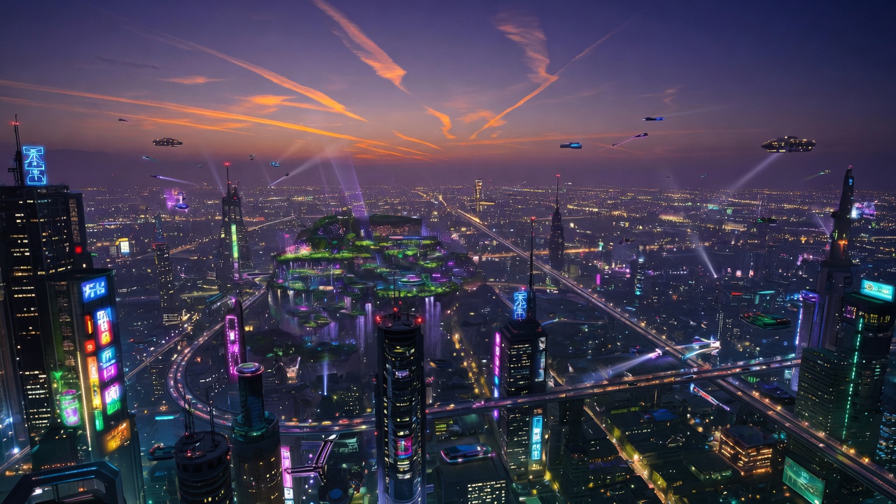 16:9 finale still — epic pullback over the neon city