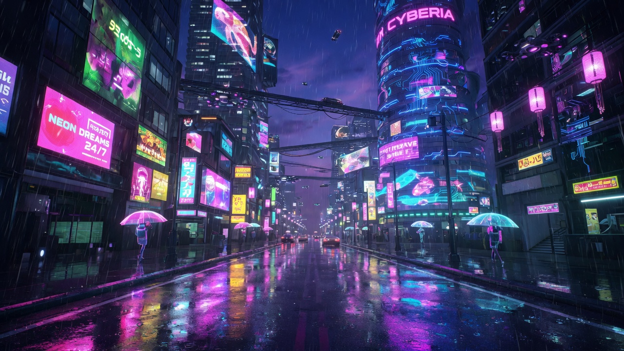 Splashy 16:9 neon downtown canyon