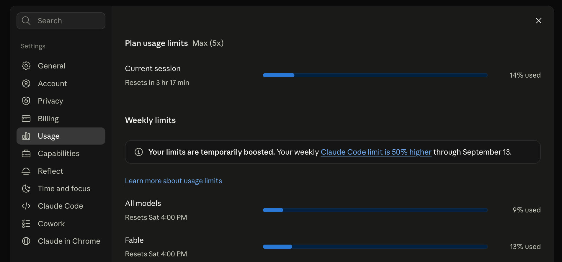 Claude usage screenshot — September 9, 2026