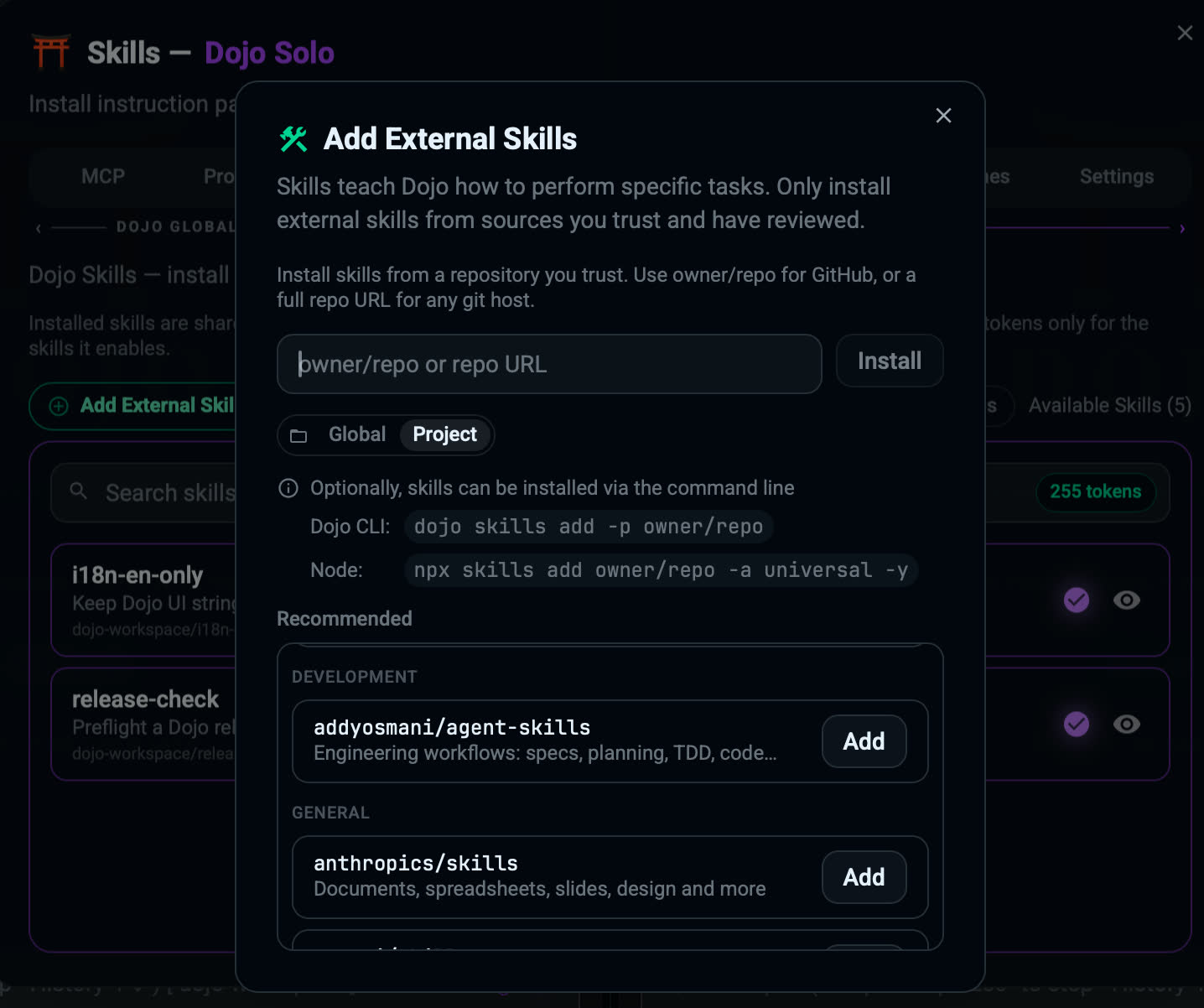 Add Skills dialog with recommended skill repos